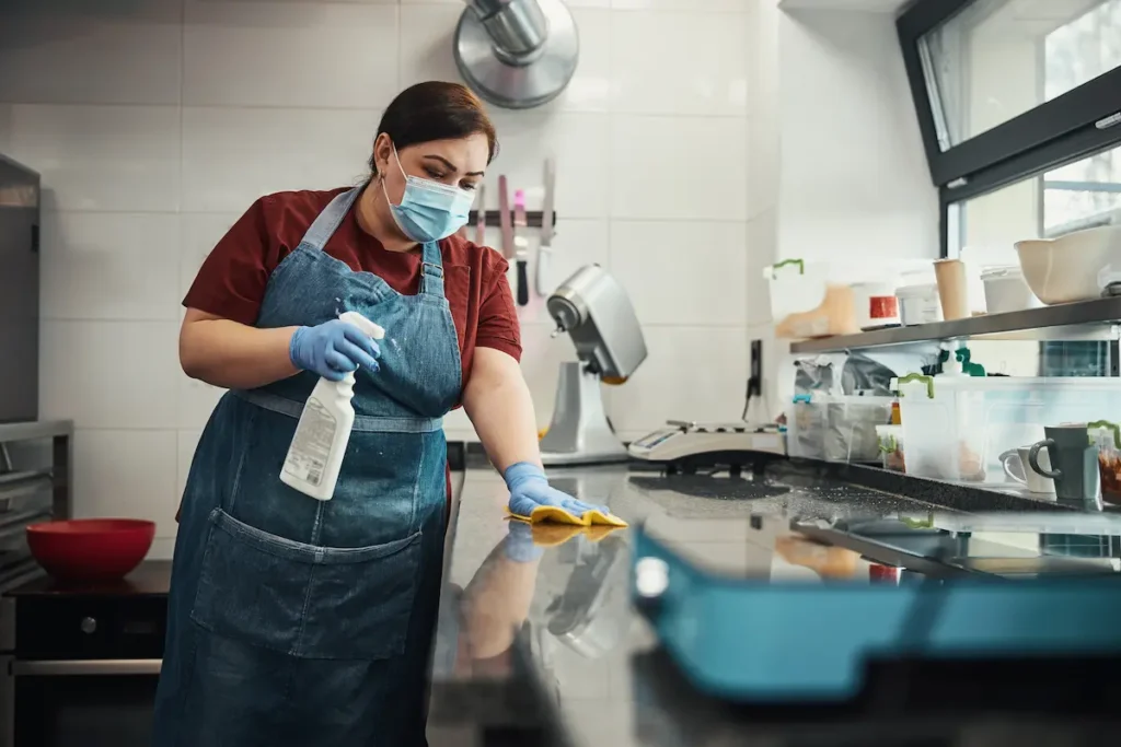 personnel nettoyant une cuisine professionnelle